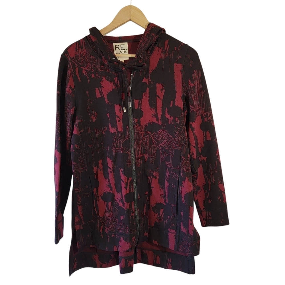 Lynn Ritchie Red/Black Abstract Full-Zipp Hooded Fine Knit Jacket S Oversized